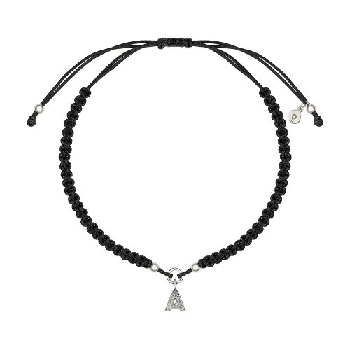 Bransoletka na czarnym sznurku z literą A z cyrkoniami